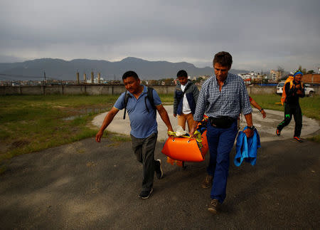 The body of Ueli Steck, a mountaineer from Switzerland, arrives at a hospital in Kathmandu, Nepal April 30, 2017. REUTERS/Navesh Chitrakar