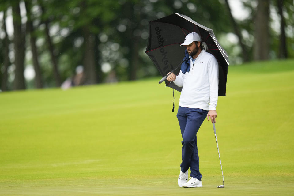 Scottie Scheffler waits to play on the 10th hole during the second round of the PGA Championship golf tournament at the Valhalla Golf Club, Friday, May 17, 2024, in Louisville, Ky. (AP Photo/Jeff Roberson)
