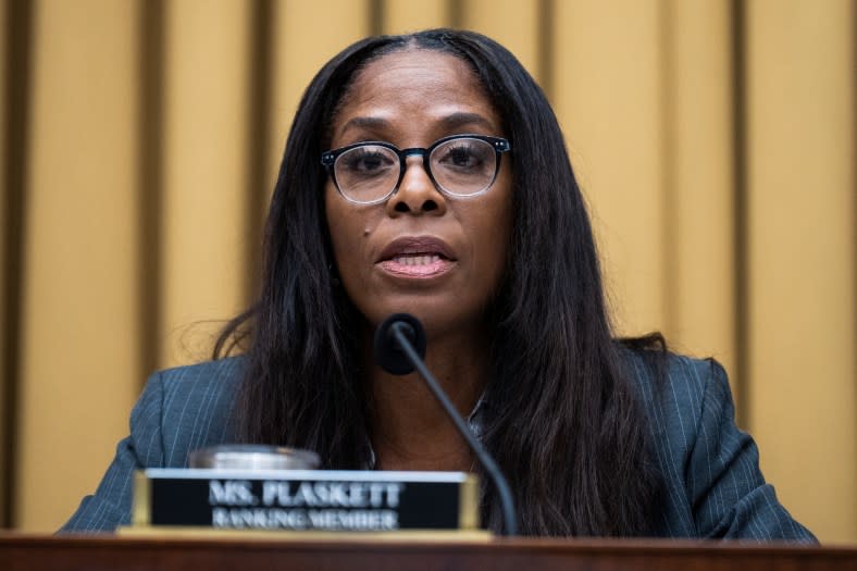 Del. Stacey Plaskett, D-Virgin Islands, defended the Fearless Fund’s grants to Black women’s businesses, saying “they haven’t received those in the past.” Above, Plaskett addresses a House Judiciary Select Subcommittee on the Weaponization of the Federal Government hearing in March. (Tom Williams/CQ-Roll Call, Inc via Getty Images)