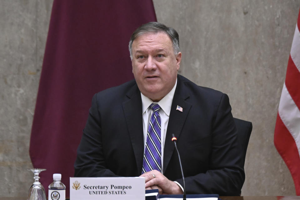 Secretary of State Mike Pompeo listens during the third annual U.S.-Qatar Strategic Dialogue at the State Dept., Monday, Sept. 14, 2020 in Washington. (Erin Scott/Pool via AP)