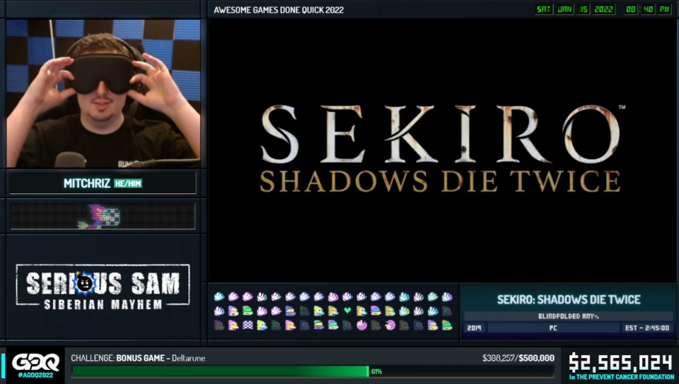 A blindfolded speedrunner completes Sekiro: Shadows Die Twice in just over two hours during Awesome Games Done Quick 2022. 