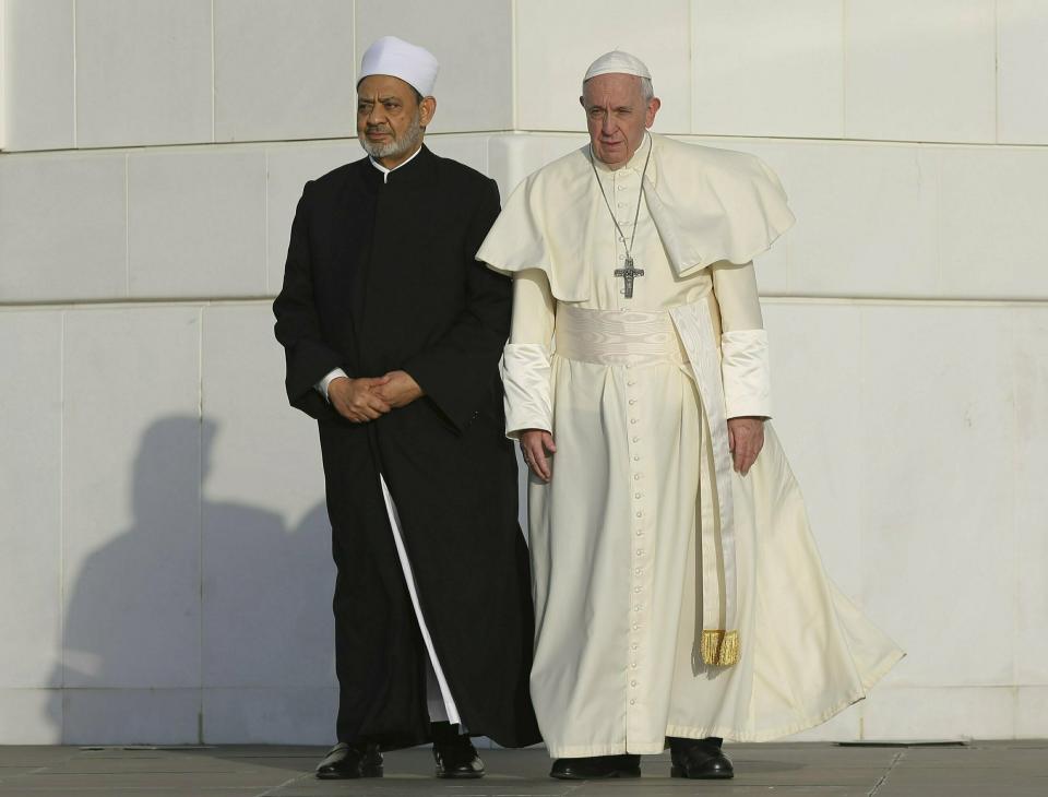 Pope Francis, right, and the Grand Imam of Al Azhar Ahmed el-Tayeb pose for a photo at the Sheikh Zayed Grand Mosque in Abu Dhabi, United Arab Emirates, Monday, Feb. 4, 2019. Francis travelled to Abu Dhabi to participate in a conference on inter religious dialogue sponsored the Emirates-based Muslim Council of Elders, an initiative that seeks to counter religious fanaticism by promoting a moderate brand of Islam. (AP Photo/Kamran Jebreili)