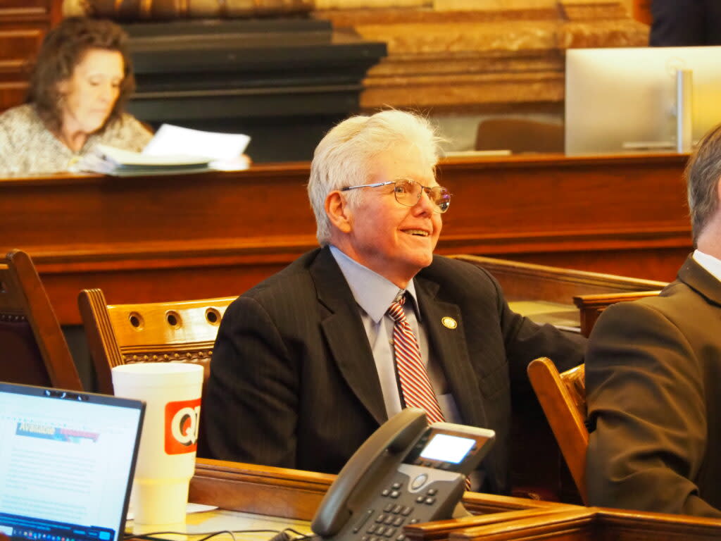 Sen. Mike Petersen, a Wichita Republican and chairman of the Senate Transportation Committee, welcomed Gov. Laura Kelly's signature on a bill increasing to $15 million annually the state's investment in Kansas airport infrastructure. (Tim Carpenter/Kansas Reflector)