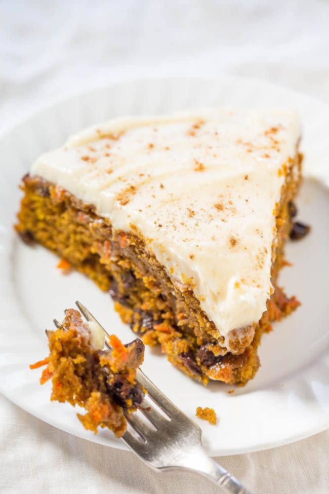 <p>Spice up a carrot cake by turning it into a pumpkin-infused dish. Tangy cream cheese tops the dessert for a scrumptious treat.</p><p><strong><em>Get the recipe at <a href="http://www.averiecooks.com/2015/10/the-best-pumpkin-carrot-cake-with-cream-cheese-frosting.html" rel="nofollow noopener" target="_blank" data-ylk="slk:Averie Cooks;elm:context_link;itc:0;sec:content-canvas" class="link ">Averie Cooks</a>.</em></strong></p>