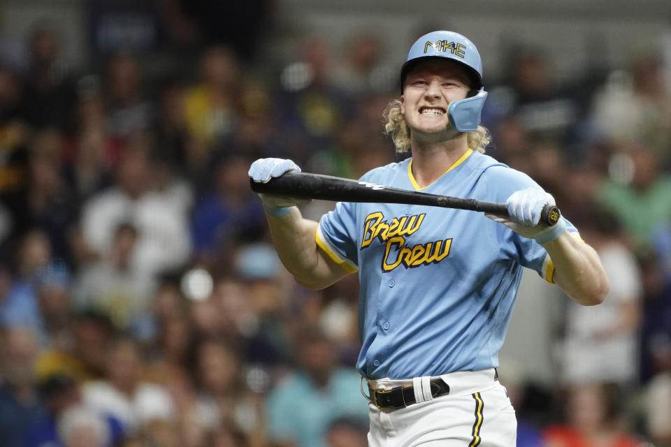 Milwaukee Brewers' Joey Wiemer reacts after striking out during the fourth inning of a baseball game against the Pittsburgh Pirates, Friday, Aug. 4, 2023, in Milwaukee. (AP Photo/Aaron Gash)
