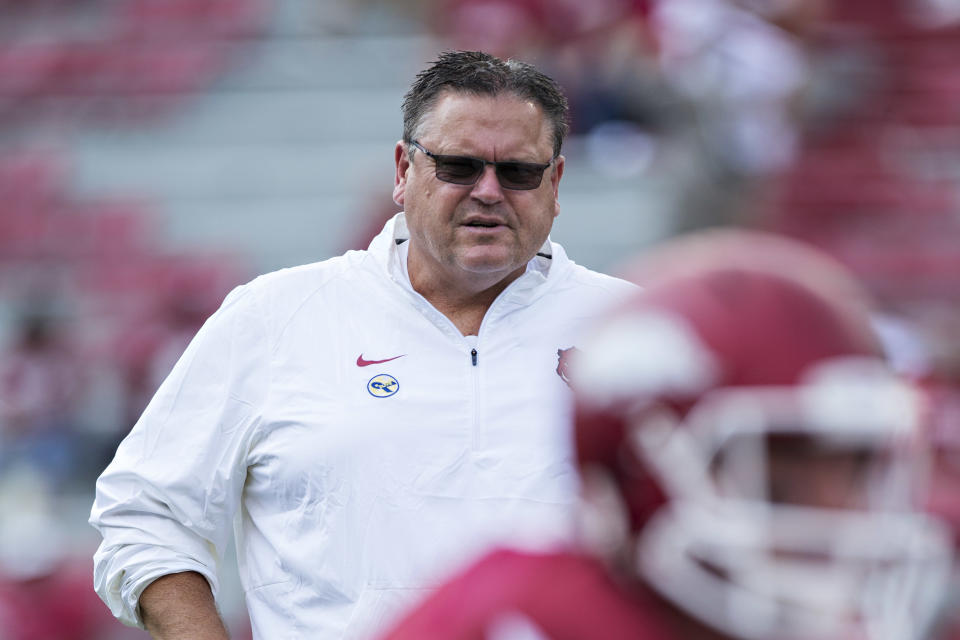 FAYETTEVILLE, AR - SEPTEMBER 5:  Offensive line coach Sam Pittman of the Arkansas Razorbacks watches the team warm up before a game against the UTEP Miners at Razorback Stadium on September 5, 2015 in Fayetteville, Arkansas.  The Razorbacks defeated the Miners 48-13.  (Photo by Wesley Hitt/Getty Images)