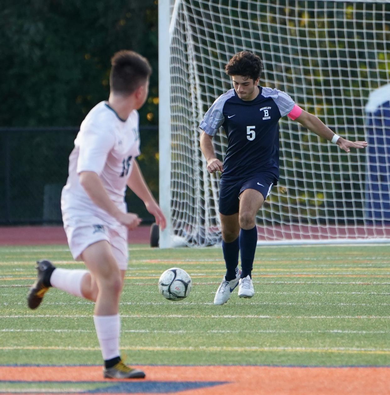 Briarcliff's Miles Prosperino (5) works the ball during boys soccer action against Pleasantville at Briarcliff High School in Briarcliff Manor on Thursday, October 5, 2023. Briarcliff won 4-1.