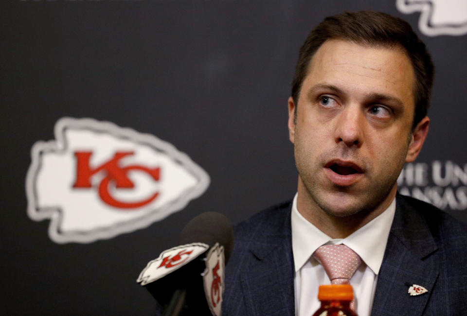 FILE - In this April 26, 2018, file photo, Kansas City Chiefs general manager Brett Veach talks to the media in Kansas City, Mo. The 2020 NFL Draft is April 23-25. (AP Photo/Charlie Riedel, File)
