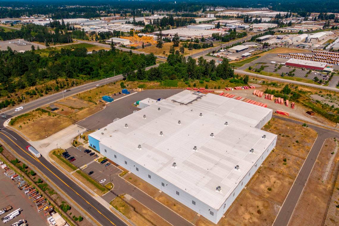 Drone aerial view of warehouses near 5403 196th St East in Spanaway, Washington on July 15, 2022.