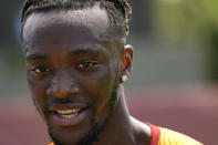 Roma's Tammy Abraham talks with journalists after training during a media day ahead of the Europa League soccer final, at the Trigoria training centre, in Rome, Thursday, May 25, 2023. Roma will play an Europa League final against Sevilla in Budapest, Hungary, next Wednesday, May 31. (AP Photo/Andrew Medichini)