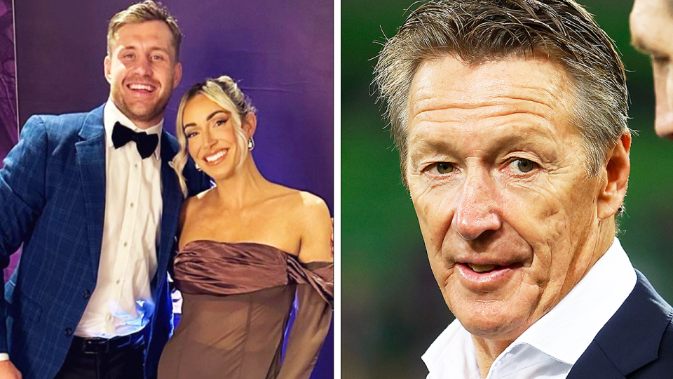 Cameron Munster has praised his wife (pictured left) and coach Craig Bellamy (pictured right) ahead of his 200th game for the Melbourne Storm on the weekend. (Images: Instagram/Getty Images)