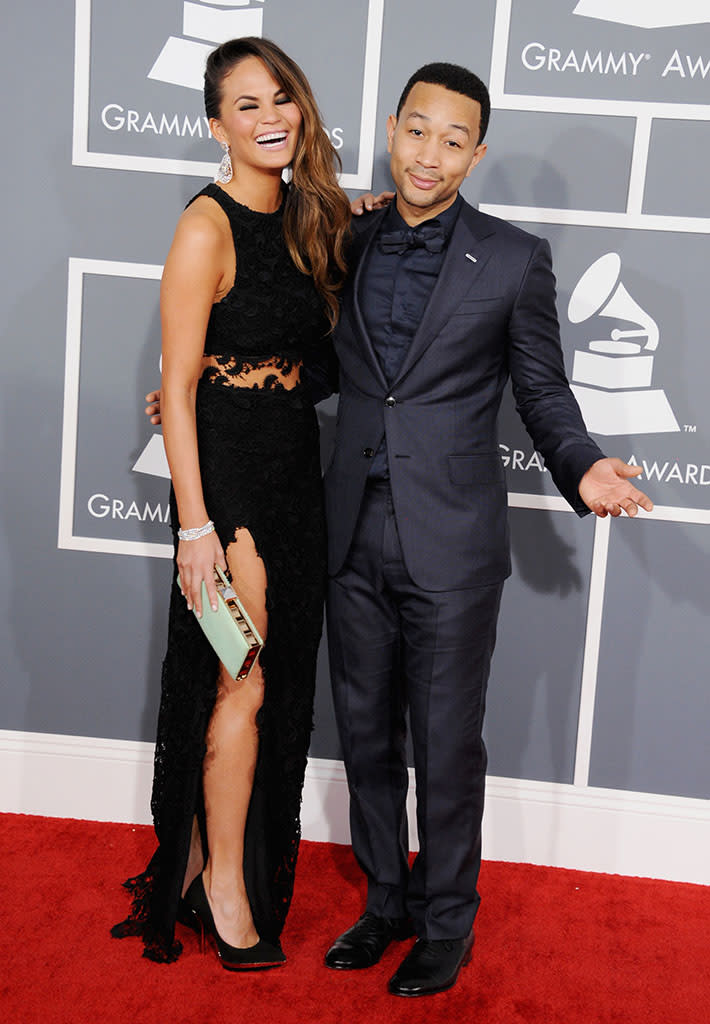 <b>John Legend and Chrissy Teigen</b><br> <b>Grade: B+</b><br> One of the best-looking duos at the awards had to be Best Rap/Sung Collaboration-nominated John Legend and his fiancé, Chrissy Teigen. While he looked dapper in an all-navy suit, the model stole the spotlight in a Joy Cioci gown.