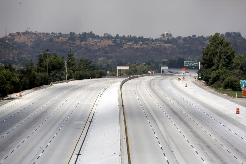 A practically empty 210 freeway, with only eastbound traffic flowing, as the La Tuna Fire rages on in the Verdugo Hills above Glendale, on Saturday Sept. 2, 2017.