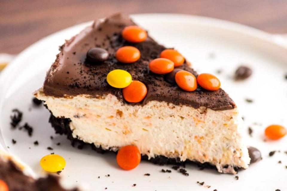 <p>Sugar and Soul</p><p>No-Bake Peanut Butter Cheesecake is loaded with perfect crunchy peanut buttery flavor using Reese’s Pieces with an Oreo crust for an easy dessert you’ll love!</p><p><strong>Get the recipe: </strong><a href="https://www.sugarandsoul.co/no-bake-peanut-butter-cheesecake/" rel="nofollow noopener" target="_blank" data-ylk="slk:No-Bake Peanut Butter Cheesecake;elm:context_link;itc:0;sec:content-canvas" class="link "><strong>No-Bake Peanut Butter Cheesecake</strong></a></p>