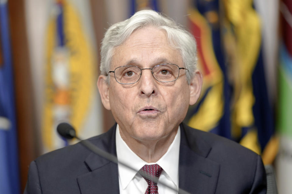 Attorney General Merrick Garland talks during a news conference on ongoing efforts to combat violent crime in cities across the United States Friday, Jan. 5, 2024, in Washington. (AP Photo/Mariam Zuhaib)