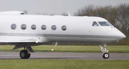 The aircraft carrying Shaker Aamer, the last British resident to be held at the U.S. prison camp in the Guantanamo Bay navy station in Cuba, taxis after landing at Biggin Hill airport near London, October 30, 2015. Aamer has been freed after 13 years in detention, Britain said on Friday. Aamer, a Saudi national who is married to a Briton, was never charged with any crime and had been cleared for release by U.S. authorities in 2007 but was not freed. REUTERS/Peter Nicholls