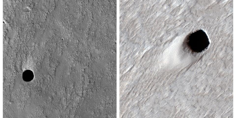 Diese Gruben auf dem Mars können laut Space.com einen Durchmesser von etwa drei Metern haben, aber es ist reine Spekulation, wie tief sie gehen oder wohin sie führen. - Copyright: NASA, JPL, U. Arizona