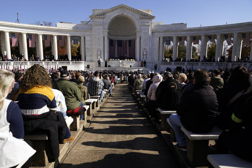 President Joe Biden speaks at the National Veterans Day Observance at the Memorial Amphitheater at Arlington National Cemetery in Arlington, Va., Saturday, Nov. 11, 2023. (AP Photo/Andrew Harnik)