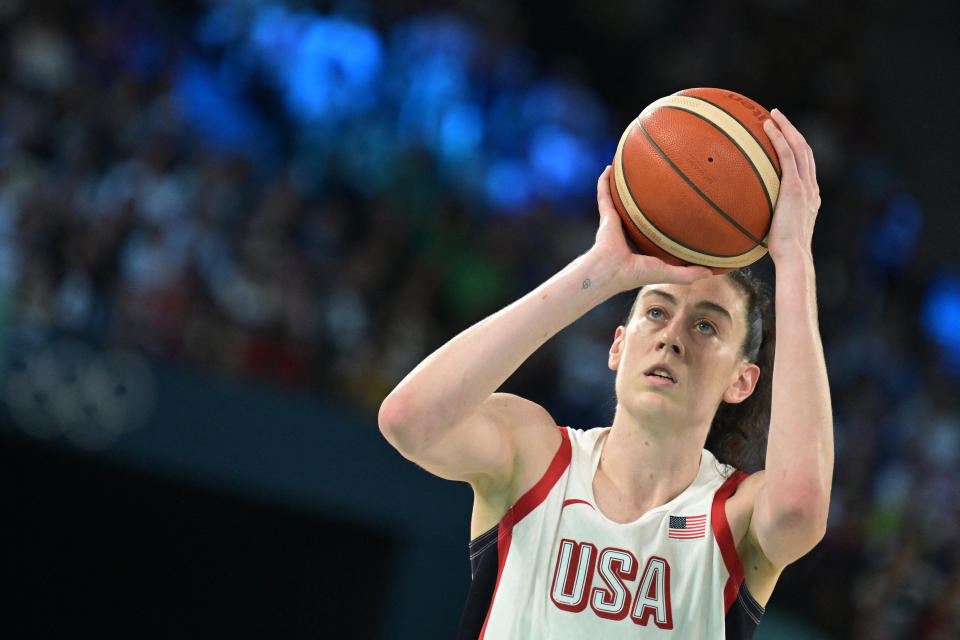 USA's No. 10 Breanna Stewart shoots a free throw in the semifinals of the women's basketball game between the USA and Australia during the Paris 2024 Olympic Games at the Bercy Arena in Paris on August 9, 2024. (Photo by Damien MEYER / AFP) (Photo by DAMIEN MEYER/AFP via Getty Images)