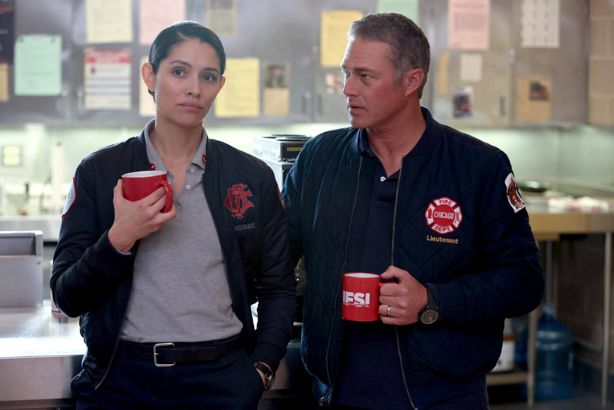 Miranda Rae Mayo as Stella Kidd and Taylor Kinney as Kelly Severide on 