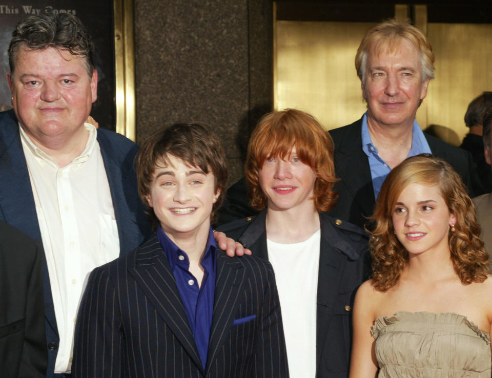 Actors Robbie Coltrane, Daniel Radcliffe, Rupert Grint, Emma Watson and Alan Rickman at the premiere of 