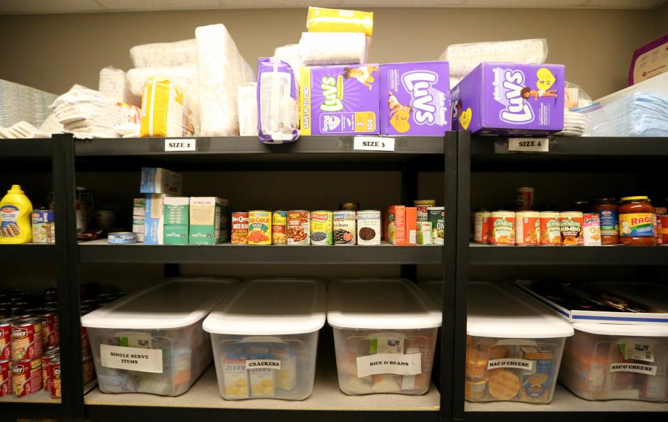 The South Bend Police Department operates a pantry with food and other essentials that officers can use to assist people they encounter in the course of their work. The collected items are shown Tuesday, April 12, 2023, at the police station.