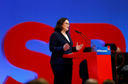 Designated SPD leader Andrea Nahles addresses a one-day party congress of the Social Democratic Party (SPD) in Wiesbaden, Germany, April 22, 2018. REUTERS/Ralph Orlowski