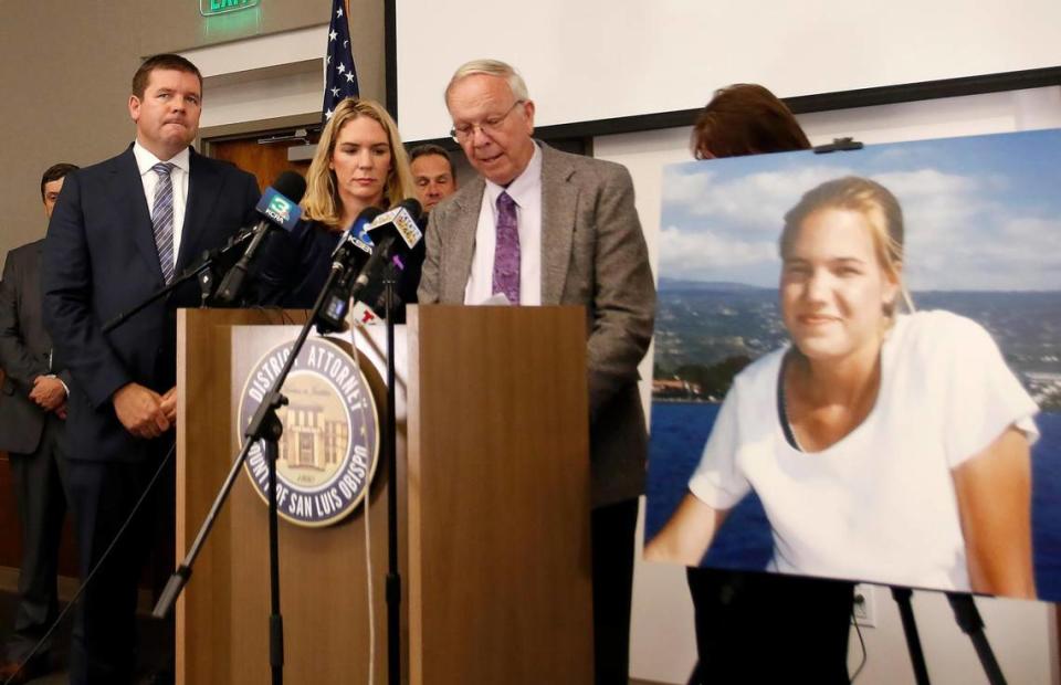 Stan Smart speaks at a press conference following the verdicts being read at the Monterey County District Attorney’s office. With him are his son Matt Smart and daughter Lindsey Smart.