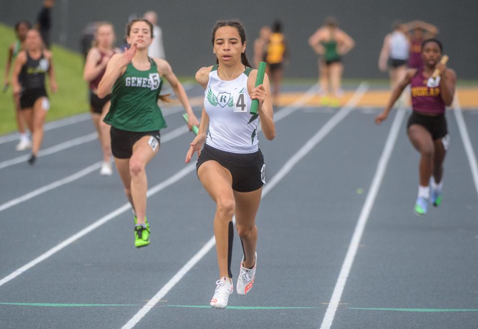 Lena Jackson sprints to the finish, and the win, as anchor for Richwoods' 4X100-meter relay team Thursday, May 11, 2023 at the Galesburg Sectional Track and Field Meet in Galesburg.