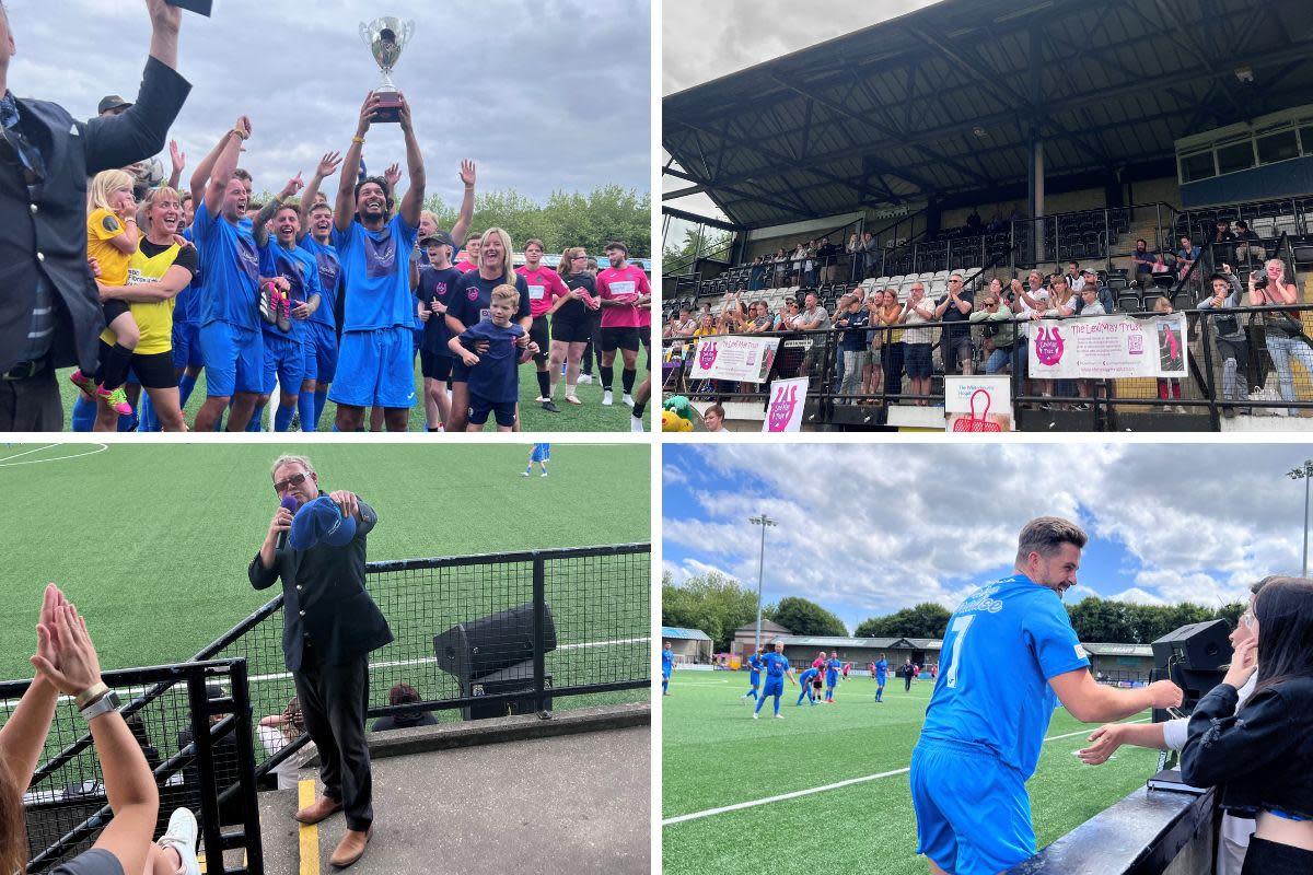 Clockwise from left: Blue team lifting the trophy, fans, Matt Turner taking photos before the game and Ricky Groves mixing with the audience <i>(Image: Alfie Lumb)</i>