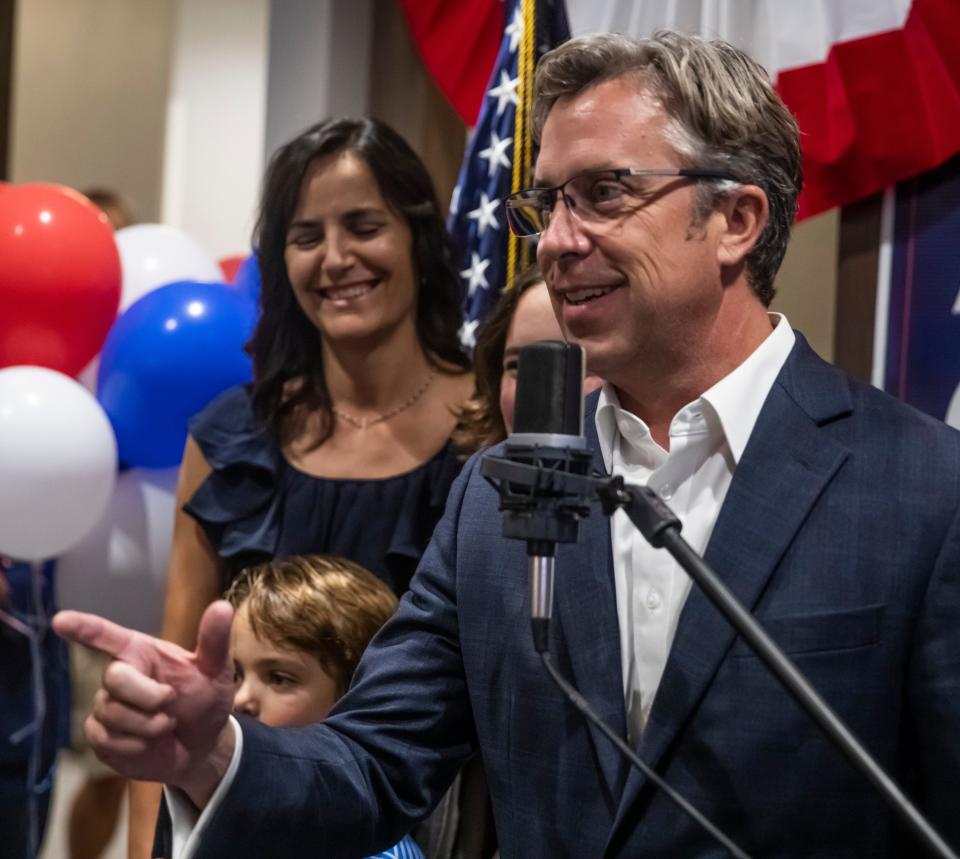 Andy Ogles speaks to supporters at his election night celebration at the Residence Inn Franklin Berry Farms Thursday, Aug 4, 2022; Franklin, Tennessee, USA  Mandatory Credit: Alan Poizner-The Tennessean