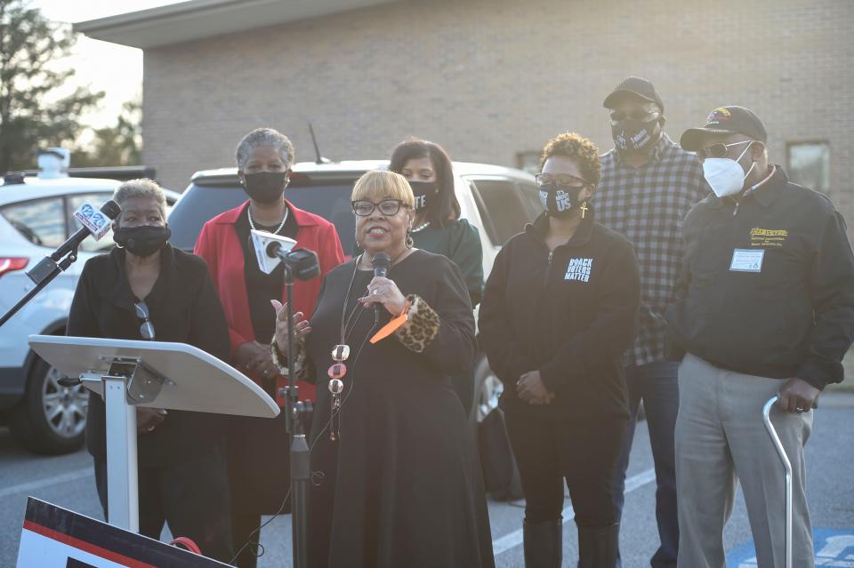 Executive Director of the Georgia Coalition for the Peoples' Agenda Helen Butler addresses members of the media during a press conference before the Lincoln County Board of Elections vote in Lincolnton on Wednesday, Jan. 19, 2022. 