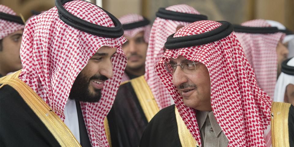 RIYADH, SAUDI ARABIA - DECEMBER 14 : Saudi defence minister and Deputy Crown Prince Mohammed bin Salman (L) and Deputy Crown Prince and the Minister of Interior of Saudi Arabia Muhammad bin Nayef (R) attend an opening ceremony of new Shura Council in Riyadh, Saudi Arabia on December 14, 2016. (Photo by Bandar Algaloud / Saudi Royal Council / Handout/Anadolu Agency/Getty Images)