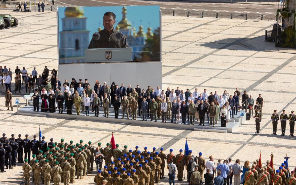 Ukraine's president Volodymyr Zelensky gives a speech to mark the country's 33rd Independence Day