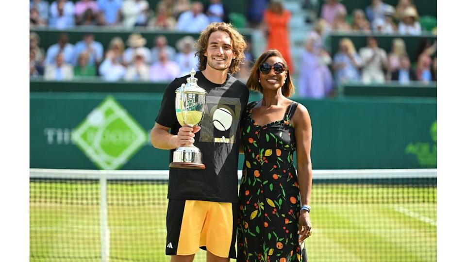 Stefanos Tsitsipas and Denis Lewis following his win against Sebastian Korda