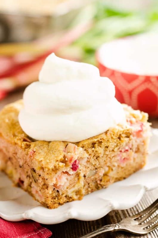 <p>The Creative Bite</p><p>A moist cake with crunchy nuts topped with homemade whipped cream.</p><p><strong>Get the recipe: <a href="https://www.thecreativebite.com/rhubarb-cinnamon-pecan-cake/" rel="nofollow noopener" target="_blank" data-ylk="slk:Rhubarb Cinnamon Pecan Cake;elm:context_link;itc:0;sec:content-canvas" class="link ">Rhubarb Cinnamon Pecan Cake</a></strong></p>
