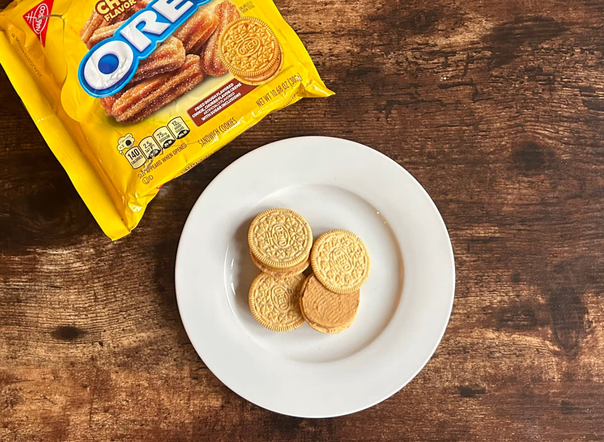 churro oreos on a plate next to a package of churro oreos