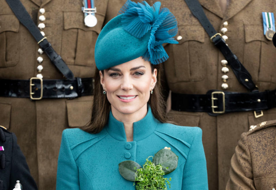 ALDERSHOT, ENGLAND - MARCH 17: Catherine, Princess of Wales attends the 2023 St. Patrick's Day Parade at Mons Barracks on March 17, 2023 in Aldershot, England. (Photo by UK Press Pool/UK Press via Getty Images )