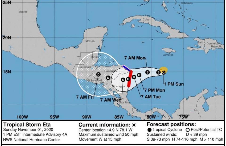 Tropical Storm Eta’s forecast map as of 1 p.m. Sunday