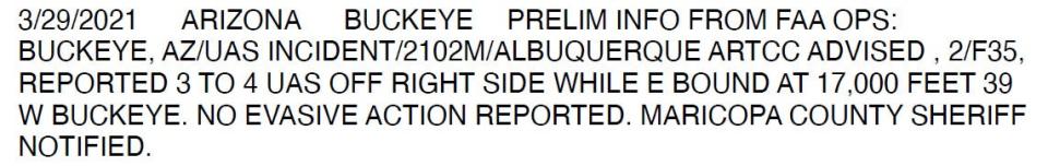 The entry from the FAA logs about the incident on March 29, 2021. <em><em><em>FAA/<em>Marc Cecotti</em></em></em></em>