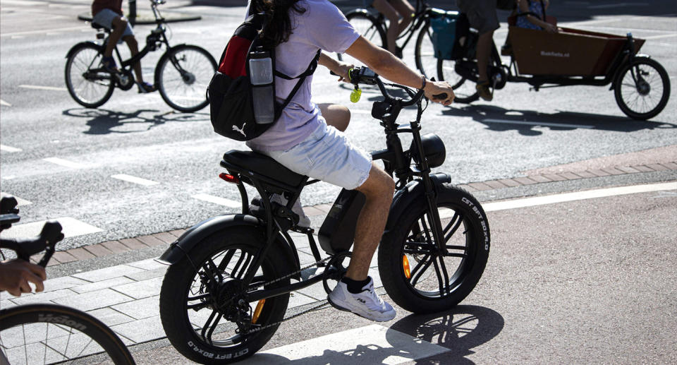 A man rides an electric fat bike in the Netherlands