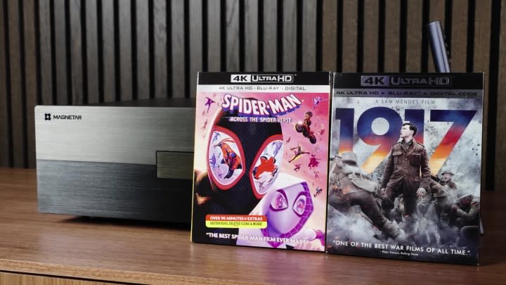 A Magnetar Blu9ray player and two Blu-ray discs (1917 and Across the Spiderverse. 