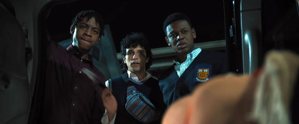 EMERGENCY, back, from left: RJ Cyler, Sebastian Chacon, Donald Elise Watkins, front: Maddie Nichols, 2022. © Amazon Studios / Courtesy Everett Collection