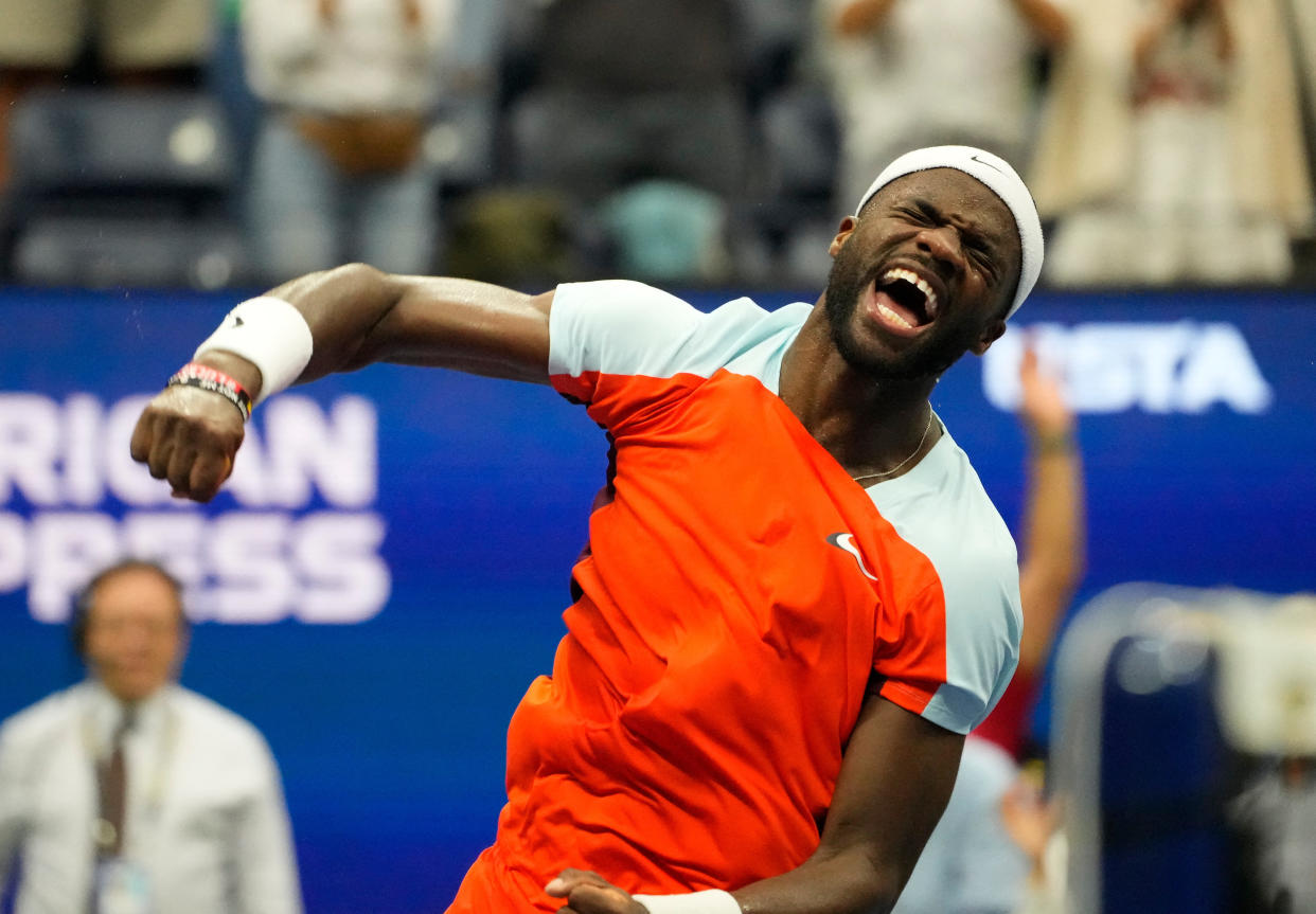 Sept 7, 2022; Flushing, NY, USA; Frances Tiafoe of the USA after beating  Andrey Rublev on day ten of the 2022 U.S. Open tennis tournament at USTA Billie Jean King National Tennis Center. Mandatory Credit: Robert Deutsch-USA TODAY Sports