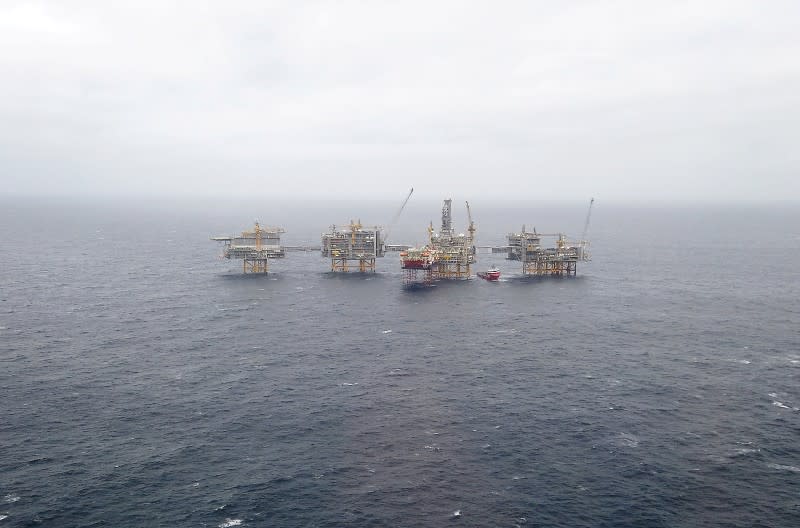 FILE PHOTO: A general view of the Equinor's Johan Sverdrup oilfield platforms in the North Sea