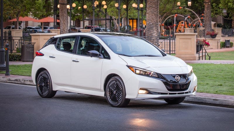 A white 2023 Nissan Leaf EV.