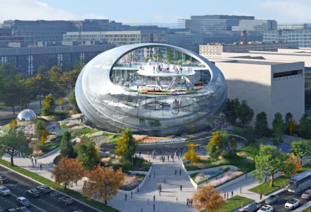 Firm C’s concept for the Bezos Learning Center is meant to evoke a spaceship. (Image via NASM)