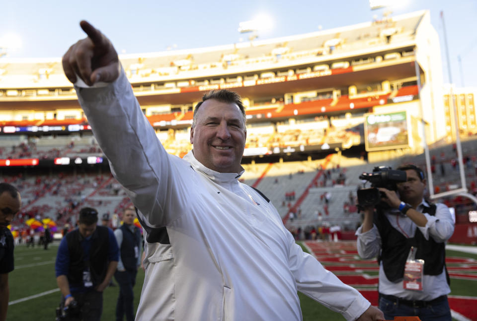 Illinois head coach Bret Bielema points to fans following his team's 26-9 victory over Nebraska in an NCAA college football game Saturday, Oct. 29, 2022, in Lincoln, Neb. (AP Photo/Rebecca S. Gratz)