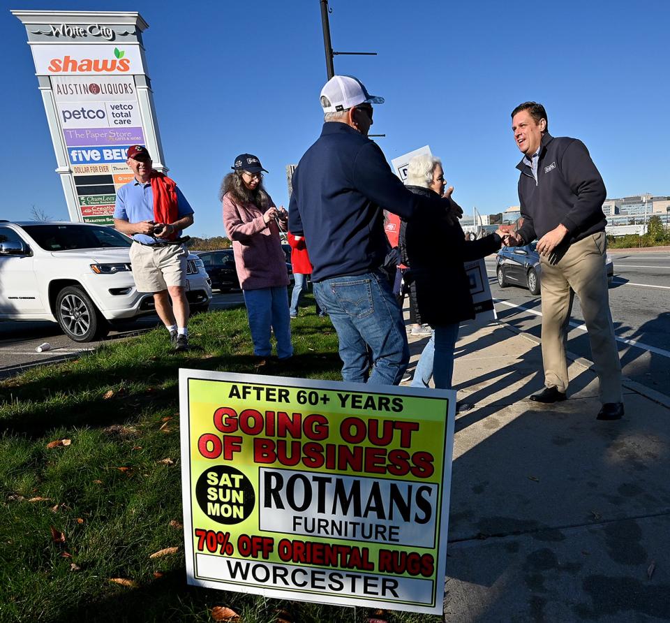 Geoff Diehl, the Massachusetts Republican nominee for governor, arrives to greet supporters during a rally Saturday at White City Plaza in Shrewsbury.