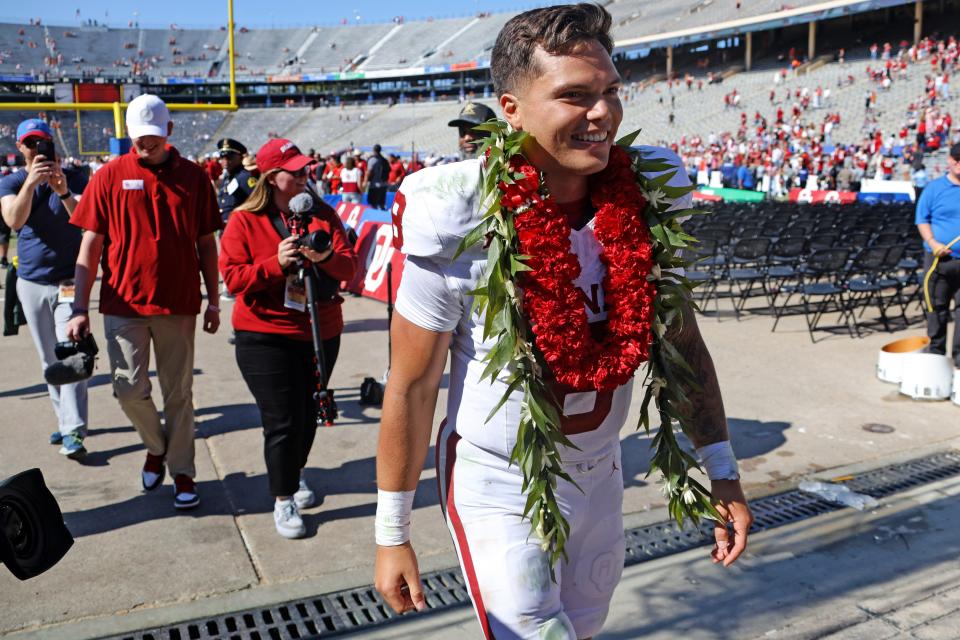 Oklahoma Sooners quarterback Dillon Gabriel (8) smiles as he leaves the field after the Red River Rivalry college football game between the University of Oklahoma Sooners (OU) and the University of Texas (UT) Longhorns at the Cotton Bowl in Dallas, Saturday, Oct. 7, 2023. Oklahoma won 34-30.